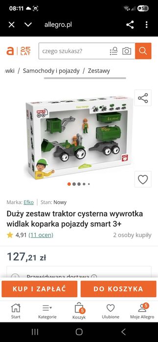 Zestaw traktor, cysterna, wywrotka, koparka, widlak