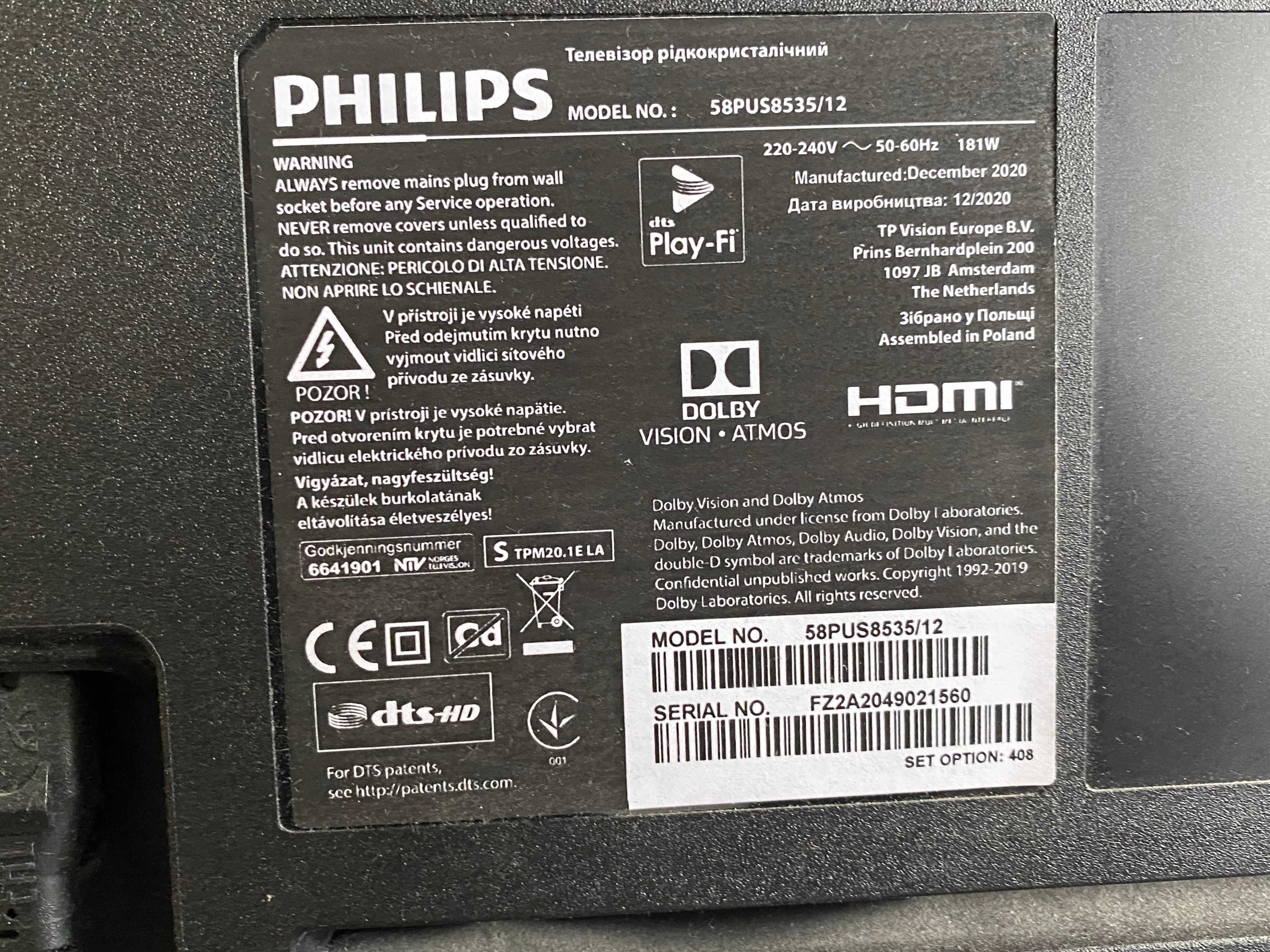 Telewizor Philips Ambilight Android 58' uszkodzony