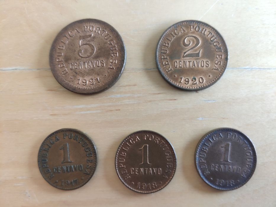 5 centavos 1921, 2 centavos 1920, 1 cent de 1917 e 1918 (2)