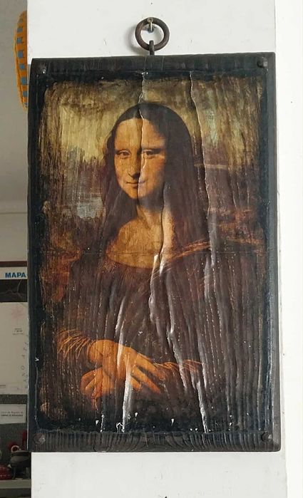 Gravura "La Giaconda ou Mona Lisa" sobre prancha de madeira Antiga