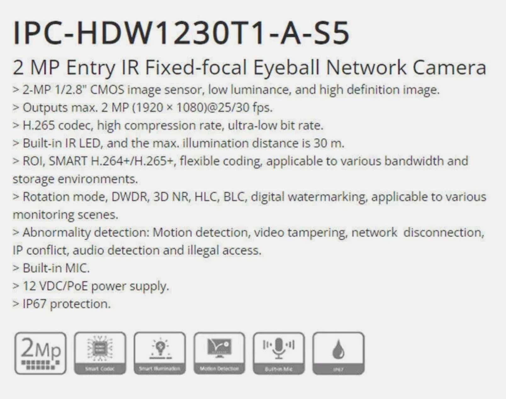 IP камера 2мп Dahua IPC-HDW1230T1-A-S5 с микрофоном
