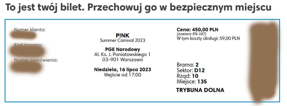 Bilet koncert Pink Warszawa 16 lipca