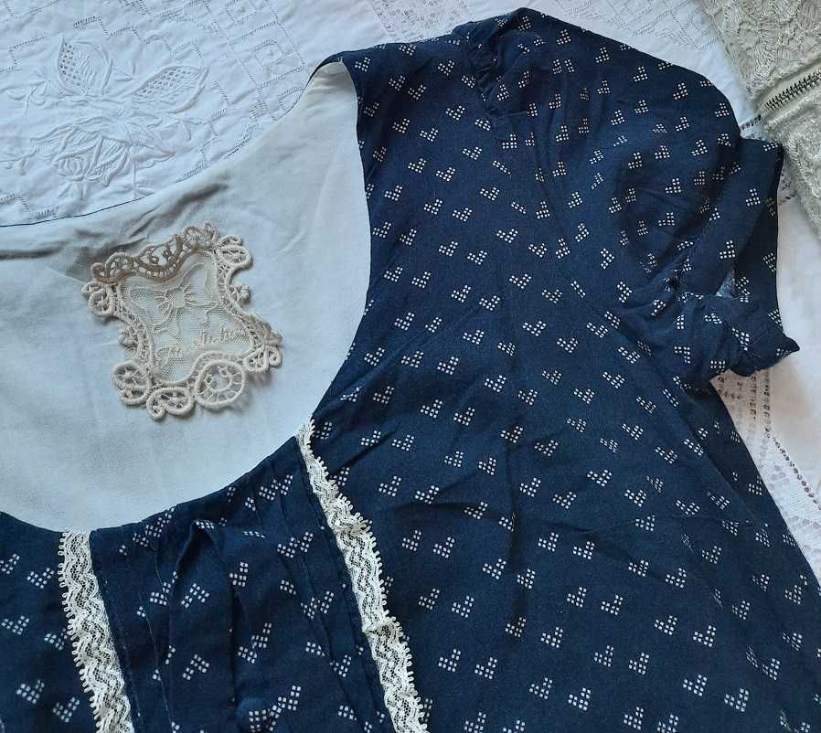 Boho ideał 100% Wiskoza Cudna sukienka koronki print granat biała S XS