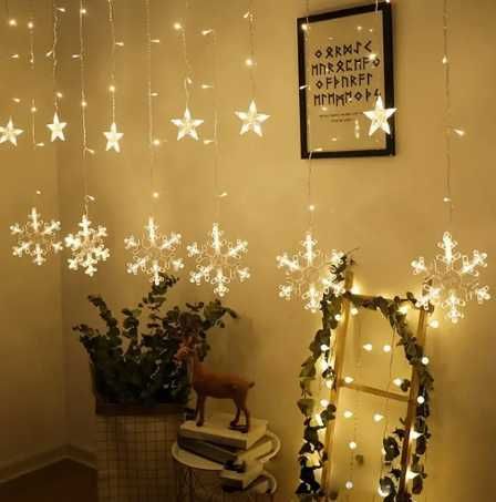 Новогодняя cветодиодная гирлянда шторка "Снежинки и Звезды"