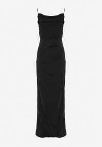 czarna sukienka maxi z rozcięciem, długa satynowa sukienka ramiączkach