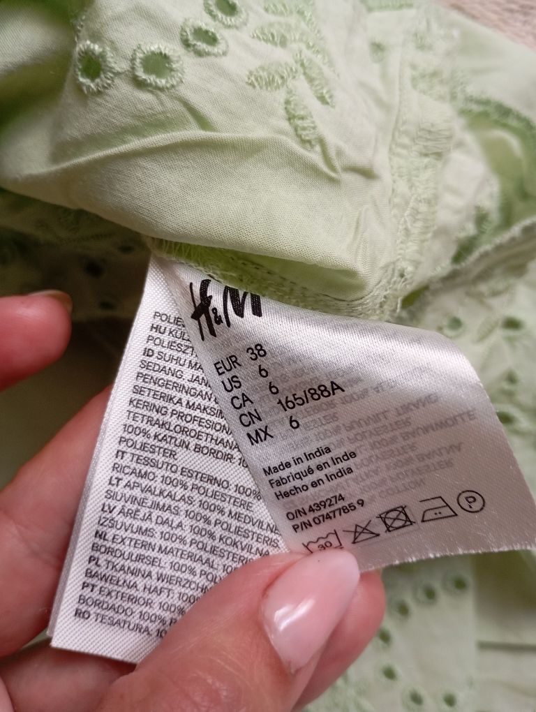 H&M 38r pistacjowa luźna bluzka haftowana bawełniana