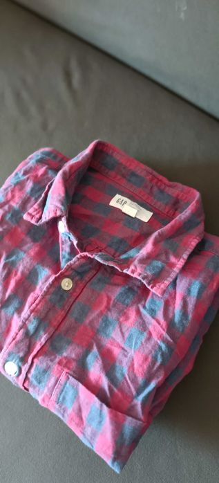 Lniana Casualowa koszula w kratkę z krótkim rękawem M