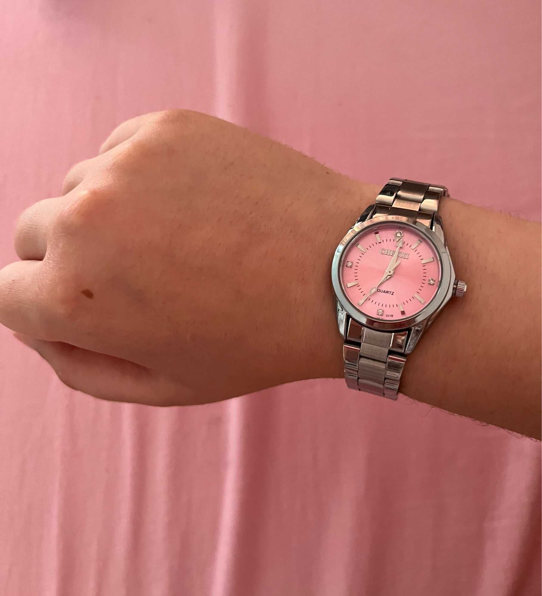 Damski zegarek różowy pink kwarcowy solidna bransoleta ze stali nowy