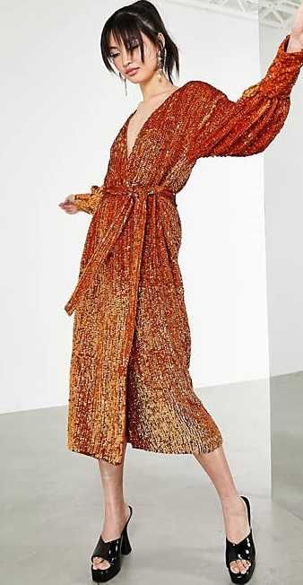 Asos Sukienka Midi Miedziana Cekinowa Kopertowa Wiązana Ekskluzywna