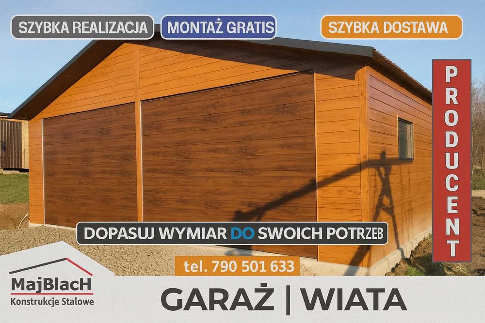 ZŁOTY DĄB/Profil /Garaż Blaszany/Brama ORZECH /Dwuspadowy  – Maj-Blach