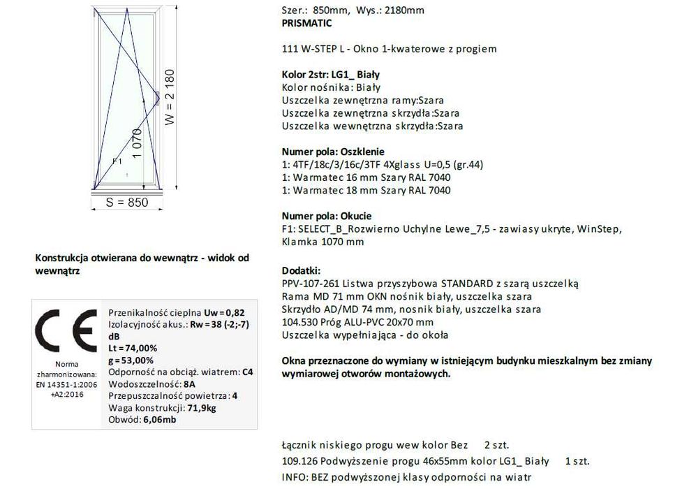 Okno balkonowe Oknoplast Prismatic 3 szyby 850 x 2180 lewe  OKAZJA
