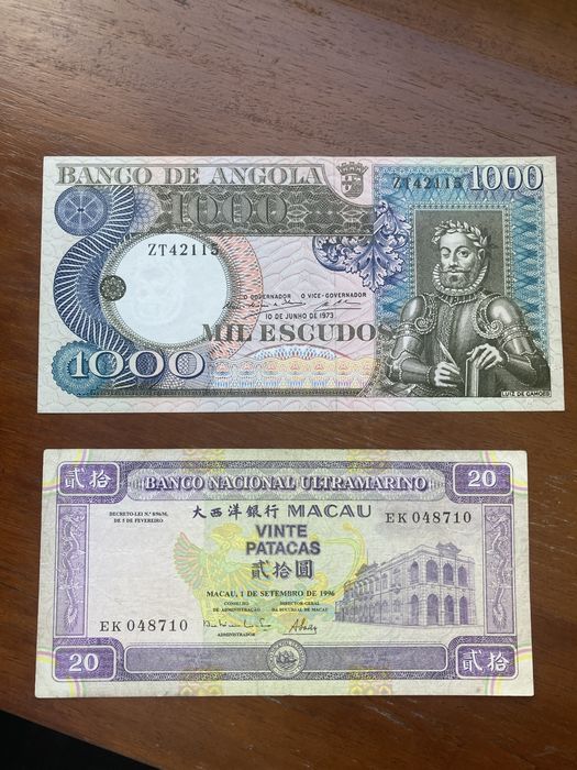 20 patacas macau 1996 outra 1000 escudos angola camoes 1973