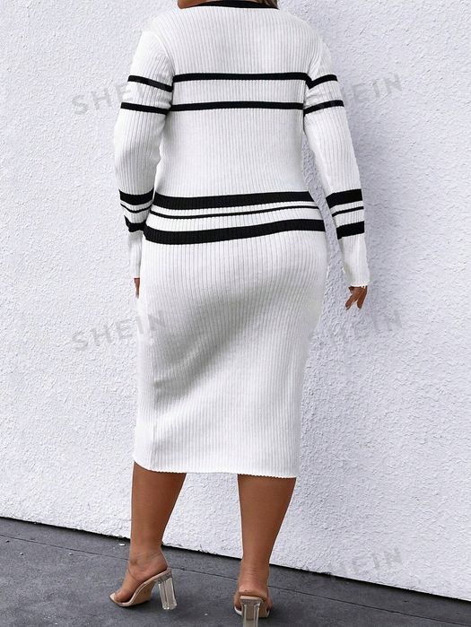 Sukienka Midi Dzianinowa Sweterkowa Biało-Czarna Casual Plus Shein 2Xl