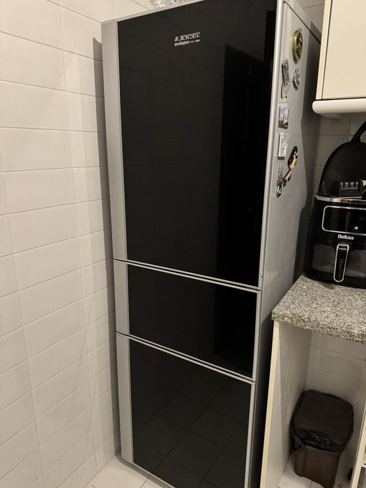 Frigorifico, placa de fogão a gás e forno.