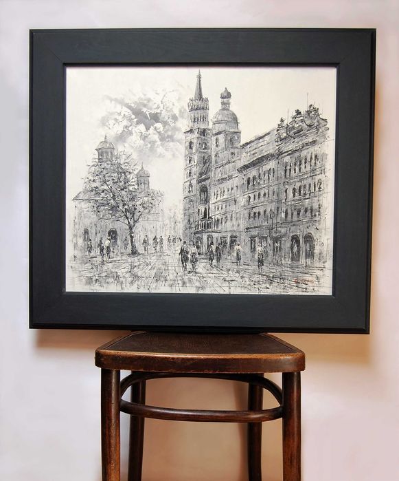 Kościół Mariacki, Kraków, obraz olejny, czarno-biały, impresjonizm