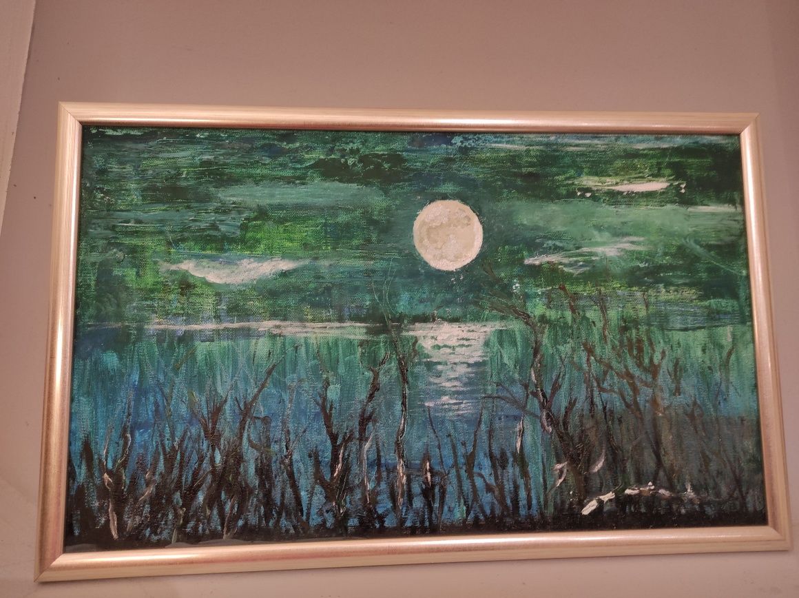 Obrazek olejny Księżyc nad jeziorem.