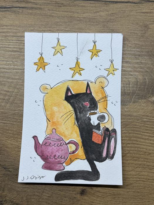 Kartka okolicznościowa czarny kot kociara jesień książkara