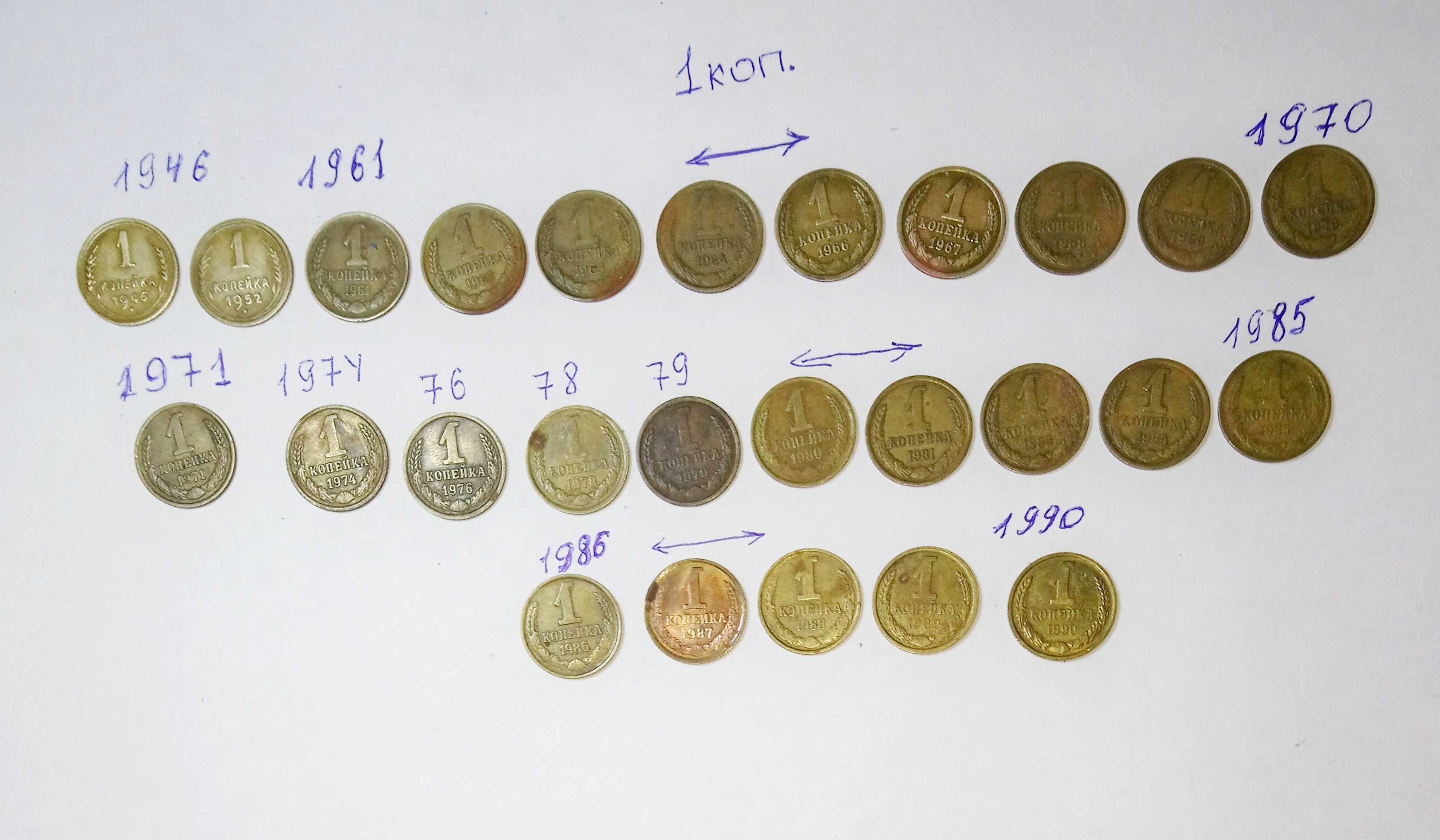Коллекция монет 1 копейка СССР  1948-1990 года