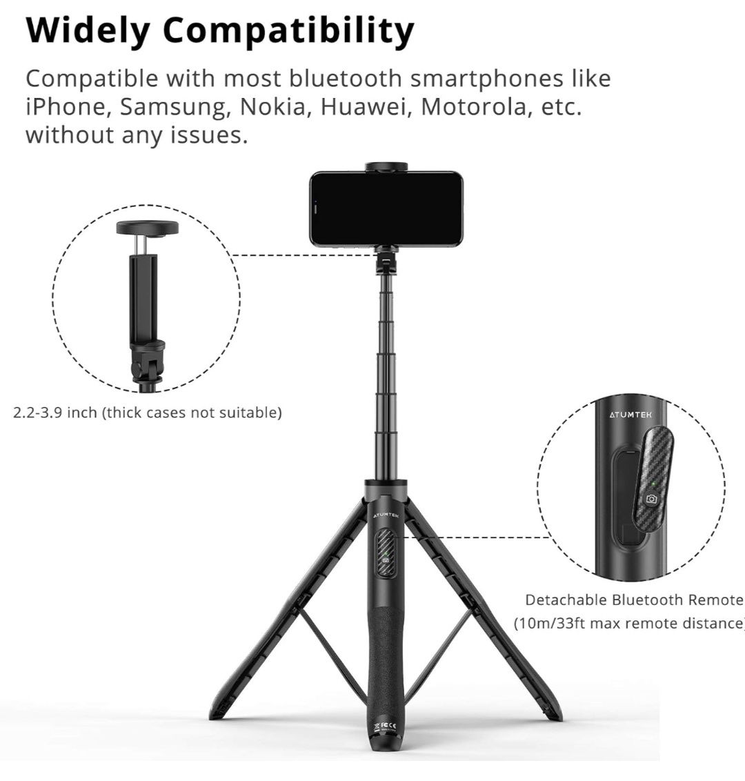 Statyw Selfie Stick, Uchwyt Tripod, z Pilotem, Bluetooth, do 130 cm, c