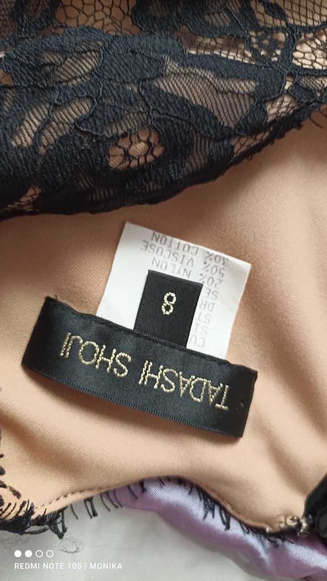 Elegancka koronkowa beżowo czarna sukienka imprezy wesele Tadashi shoj