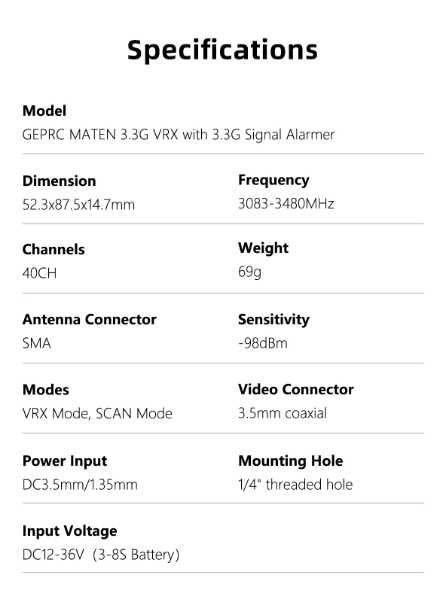 Відеоприймач GEPRC MATEN VRX 3.3G з автопошуком FPV 3.3 ГГц, автопошук