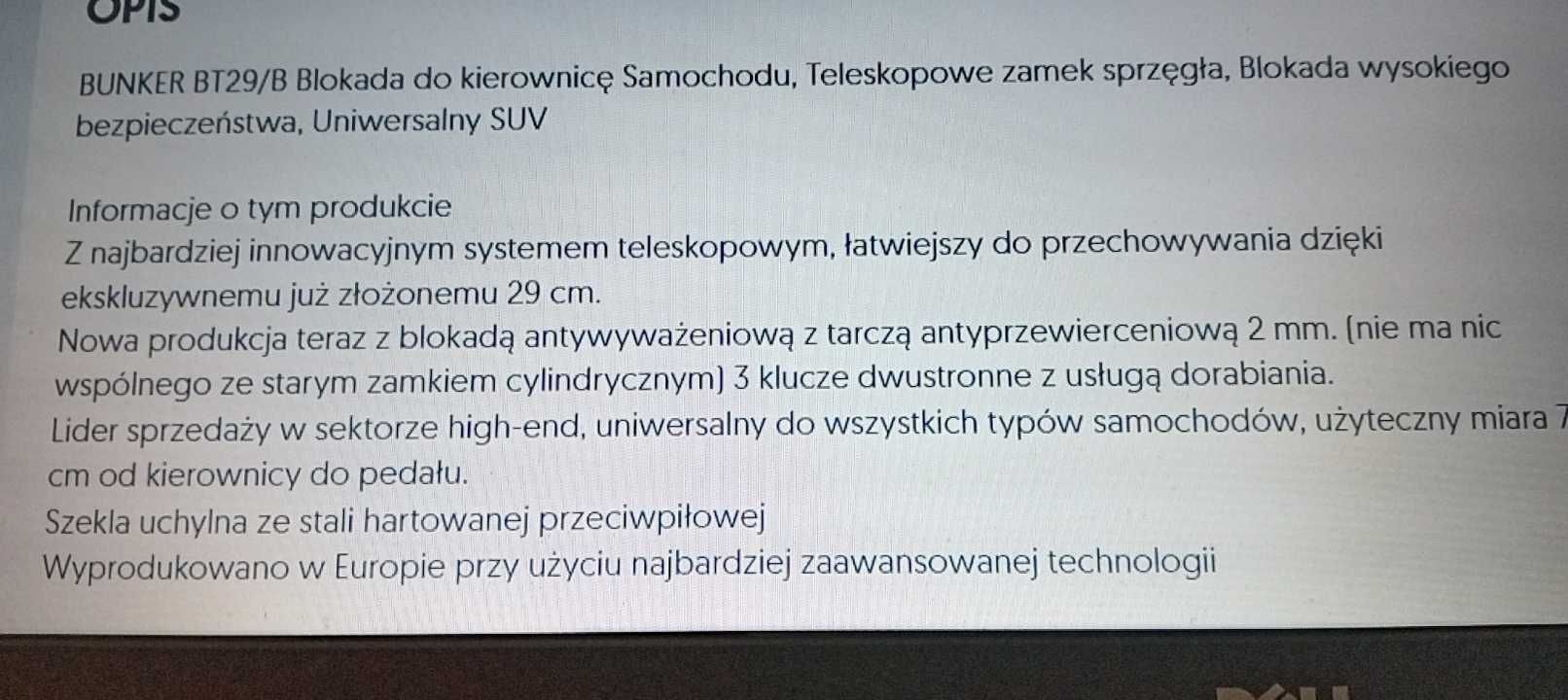 Blokada na kierownicę Bunker BT29B teleskopowy zamek sprzęgła