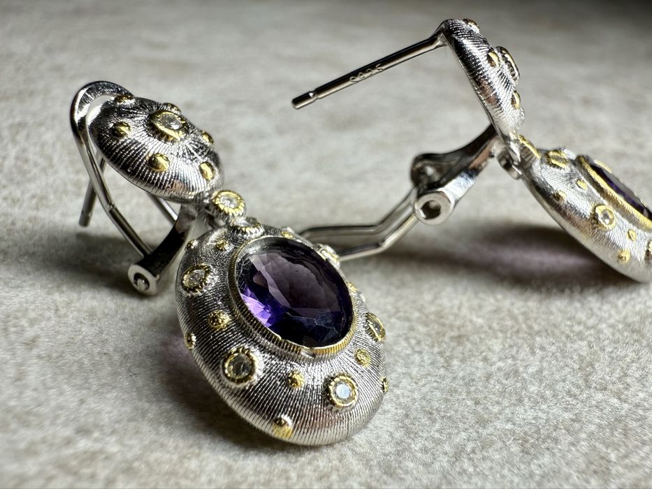 Срібні сережки 925-ї проби з аметистами та фіанітами