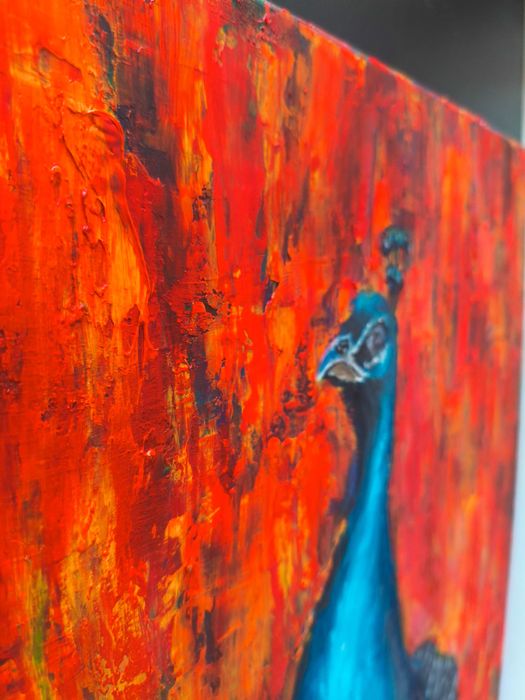 Obraz Olej Paw Czerwień 40x60 Impasto Abstrakcja Pióra Faktura
