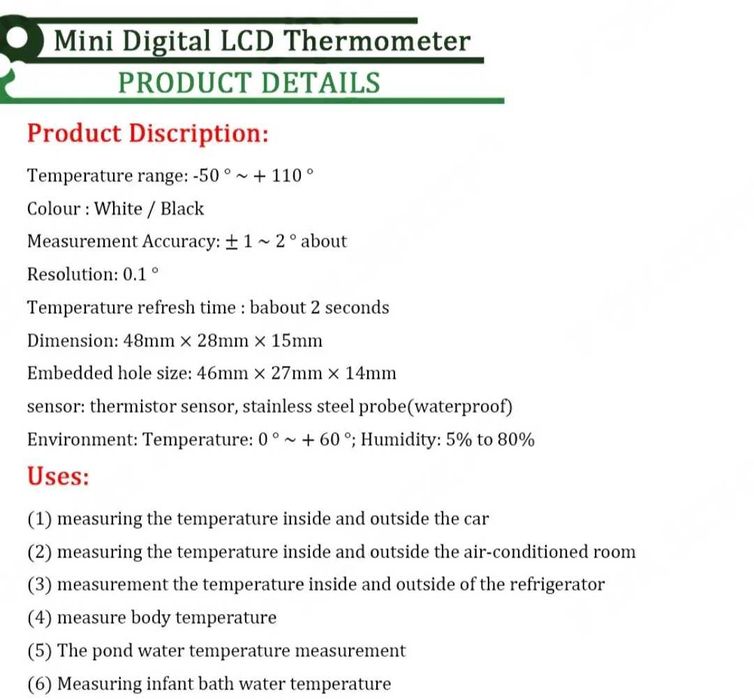 Цифровий термометр с датчиком температуры.Длина шнура 1 м.