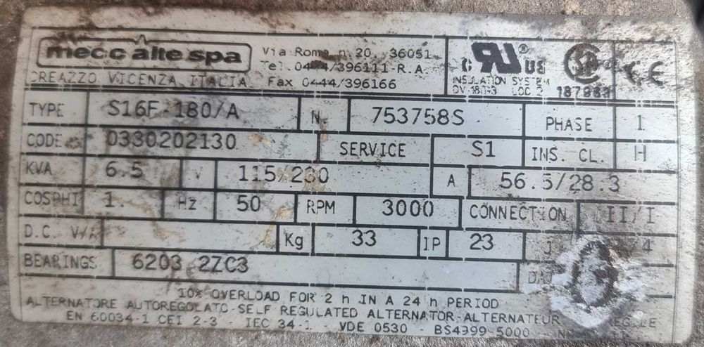 Gerador a diesel monofásico 230V 50Hz 4,8kVW 20,9A refrigerado a ar