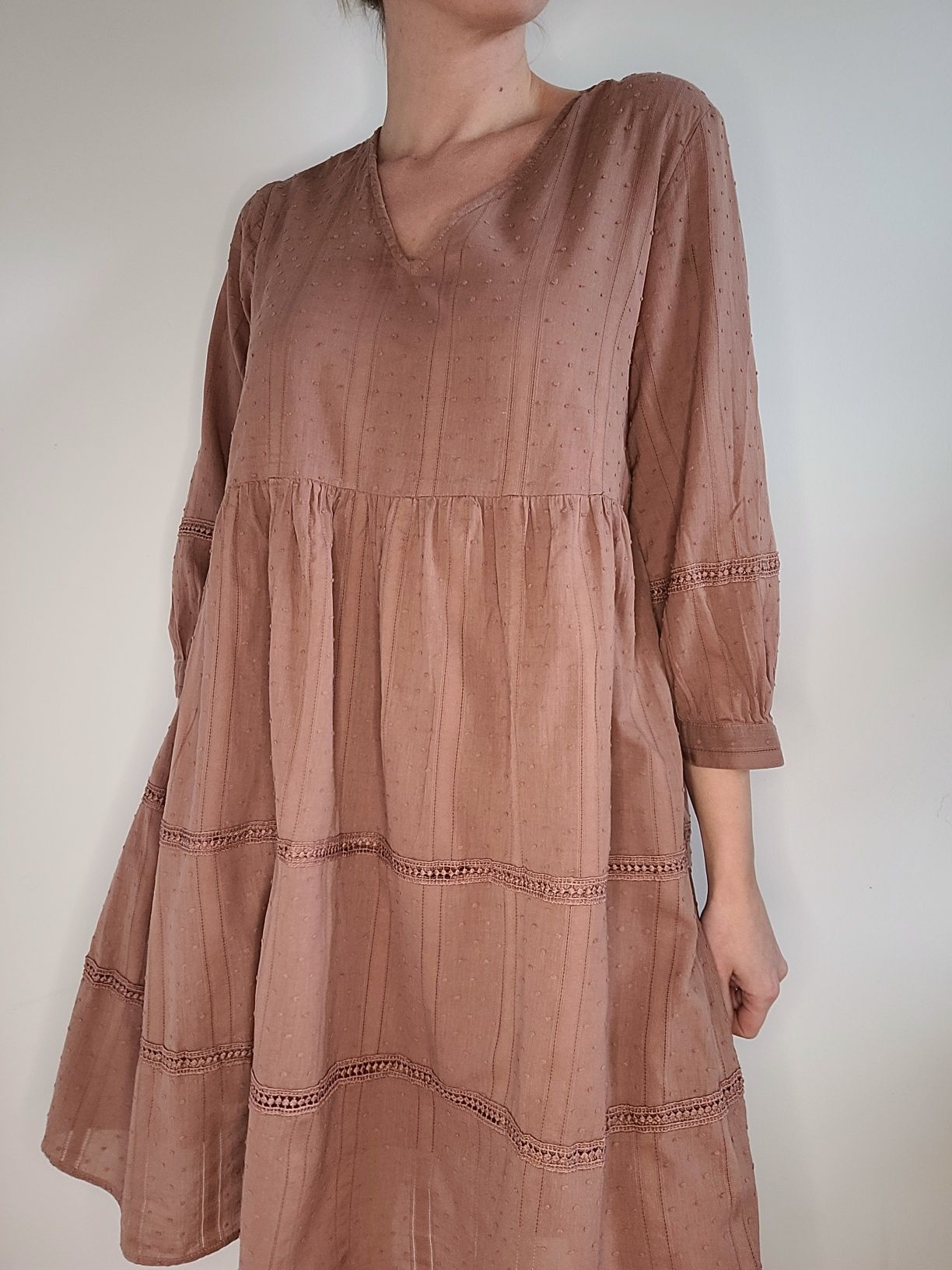 Brązowa sukienka w groszki oversize cottagecore boho babydoll Object