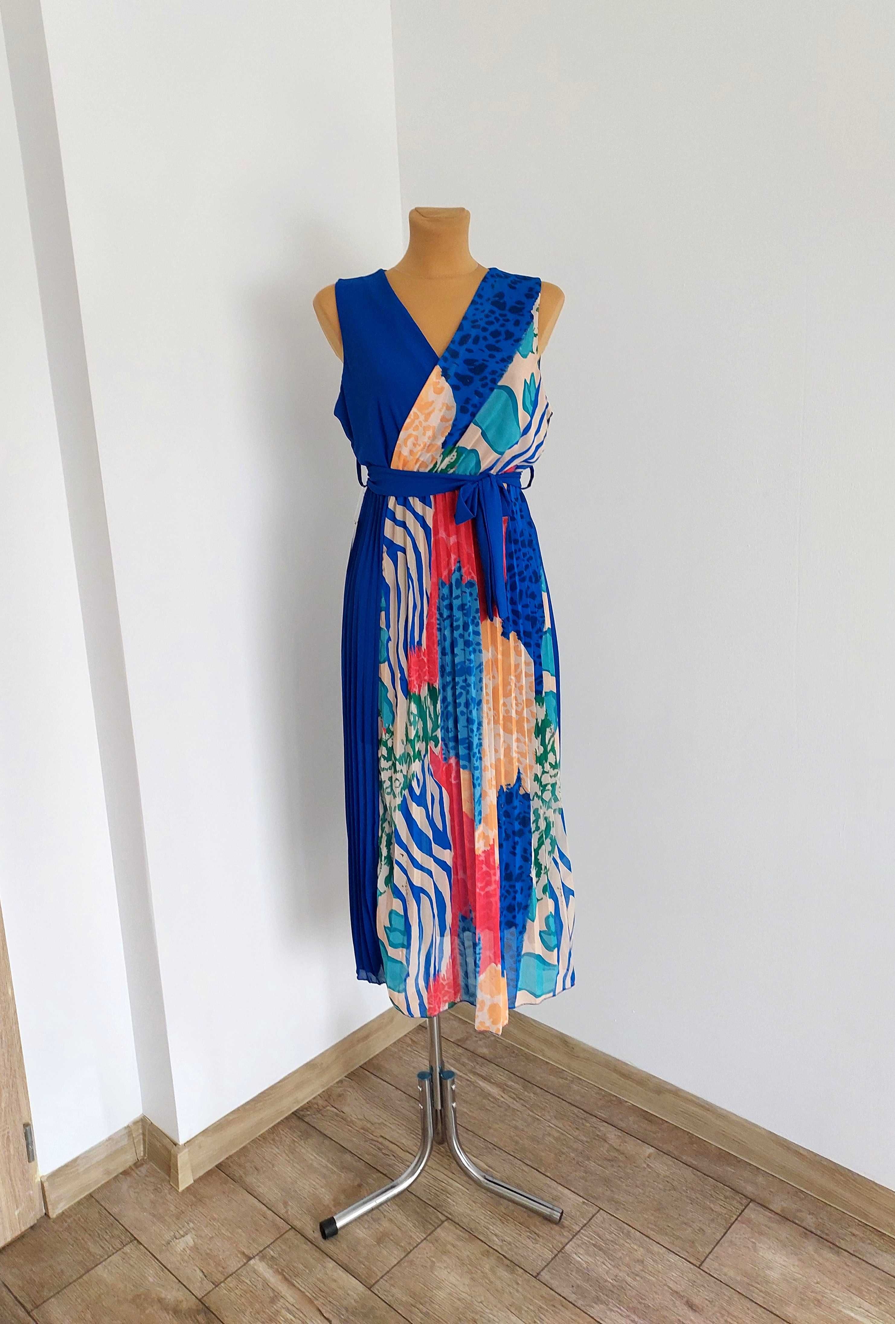 Elegancka Midi Wzorzysta Sukienka Z Paskiem Plisowany Dół Kobalt L 40