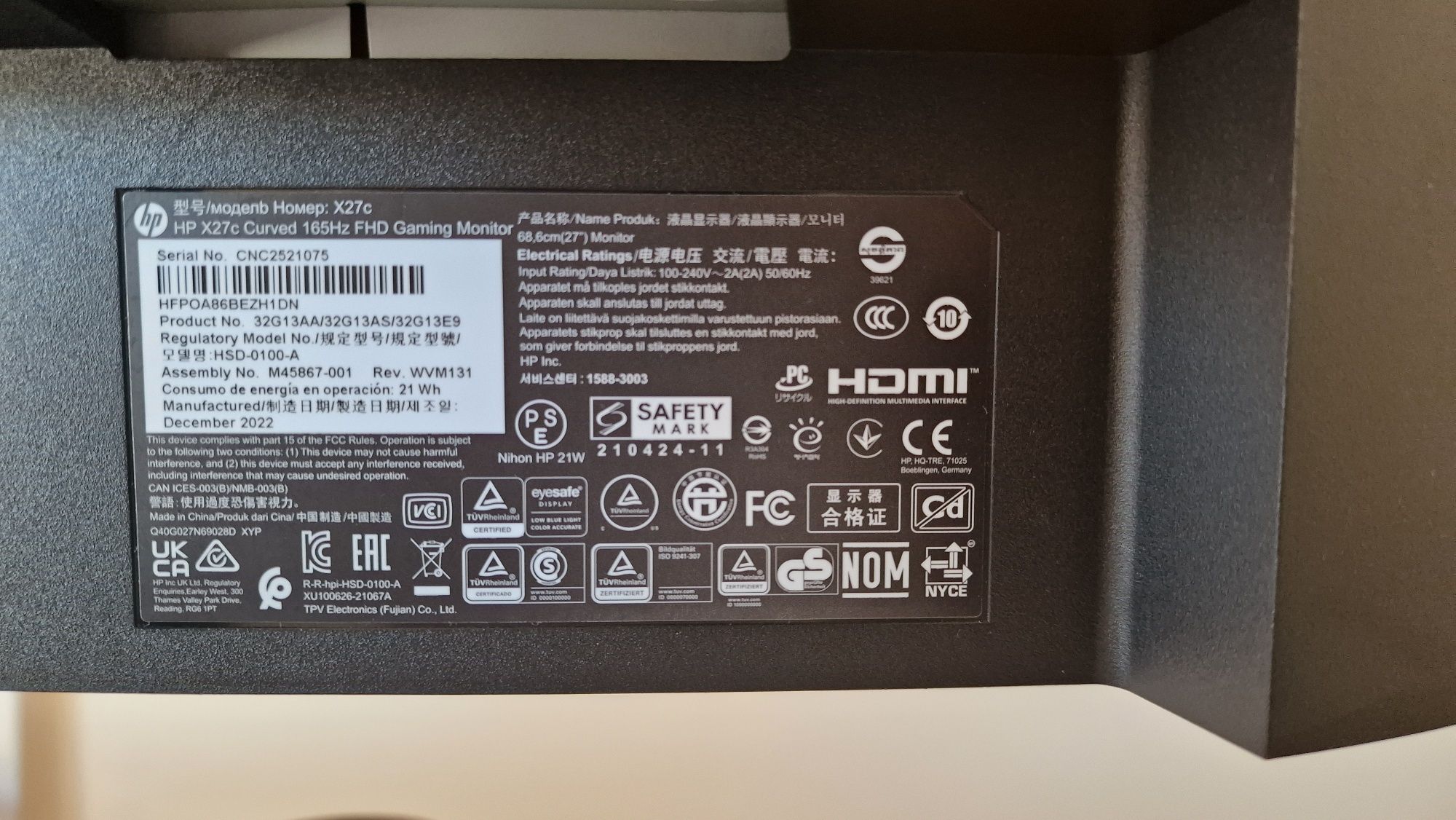 Monitor HP X27c Curvo 165Hz Gaming Monitor