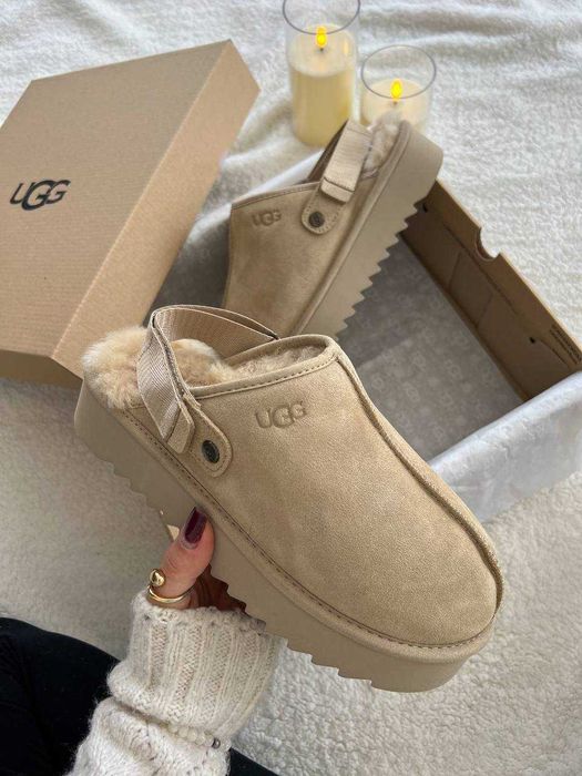 Угги UGG Lanah Clog Brown Beige Platform / Уггі Ланах Клог бежеві замш