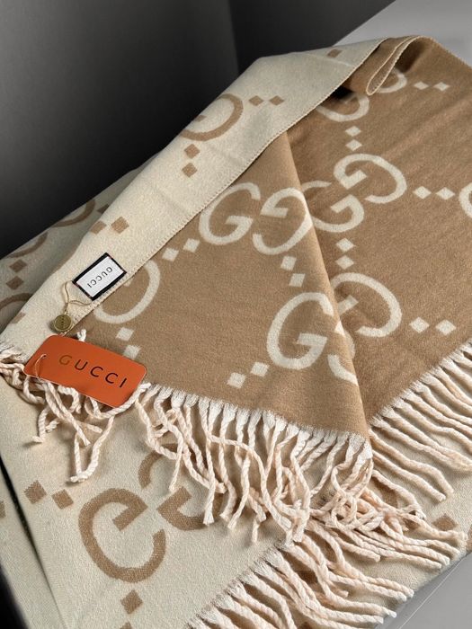 Двосторонній палантин Gucci кашемір сірий коричневий молочний