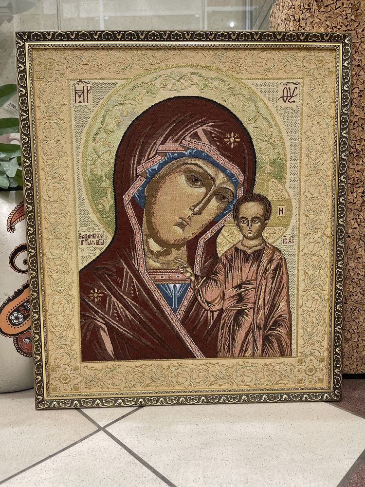 Ікона Гобеленова з люрексом в деревʼяній рамі 59*51см Бельгія