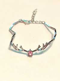 Nowa bransoletka srebrna damska renifer biżuteria diament różowy