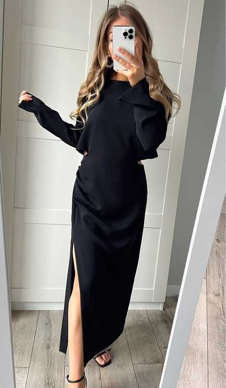 Czarna elegancka sukienka midi Zara z wycięciami rozcięcie na nogę