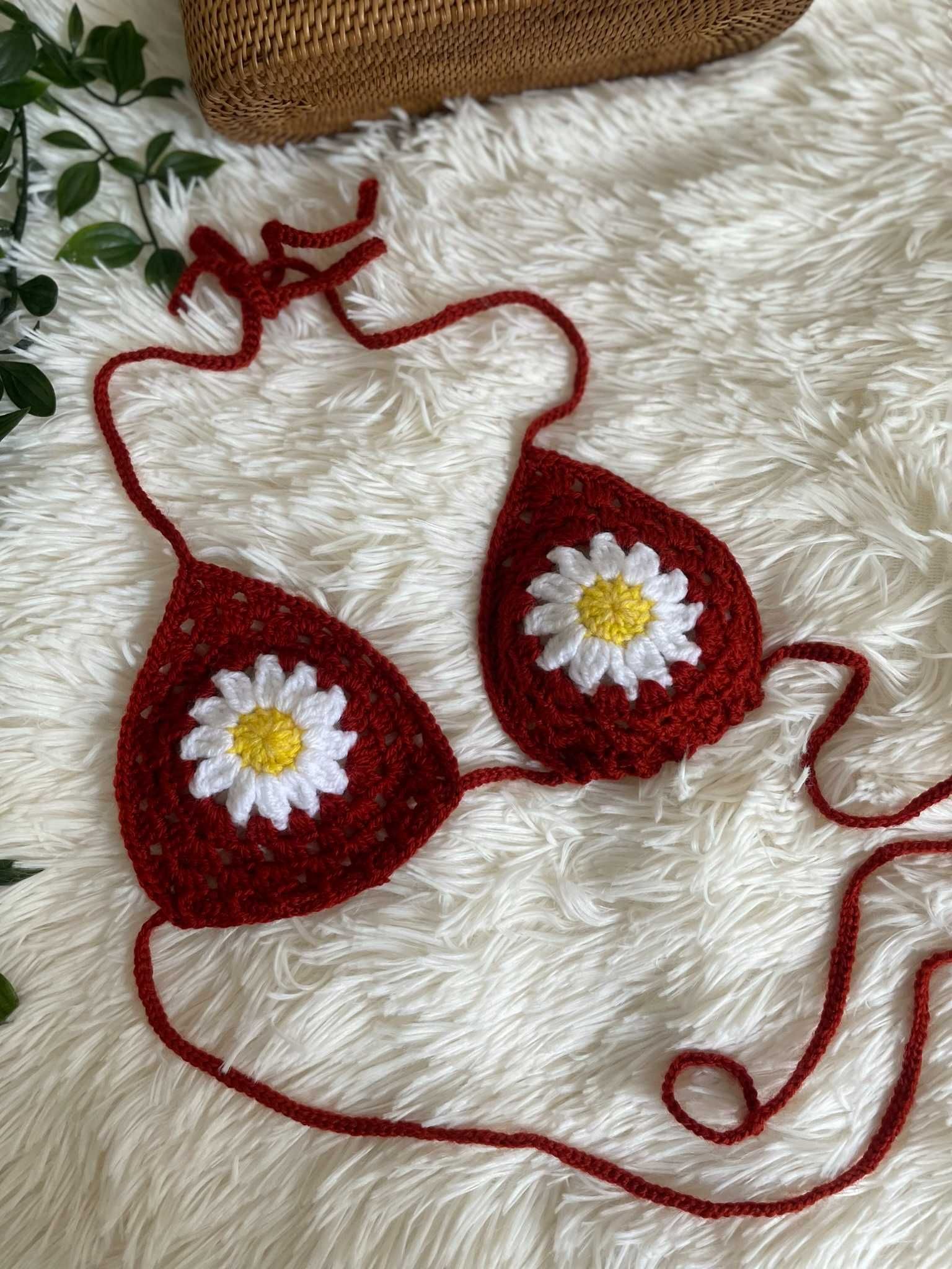 Bikini crop top góra od stroju kąpielowego kwiat szydełko boho S 36 M