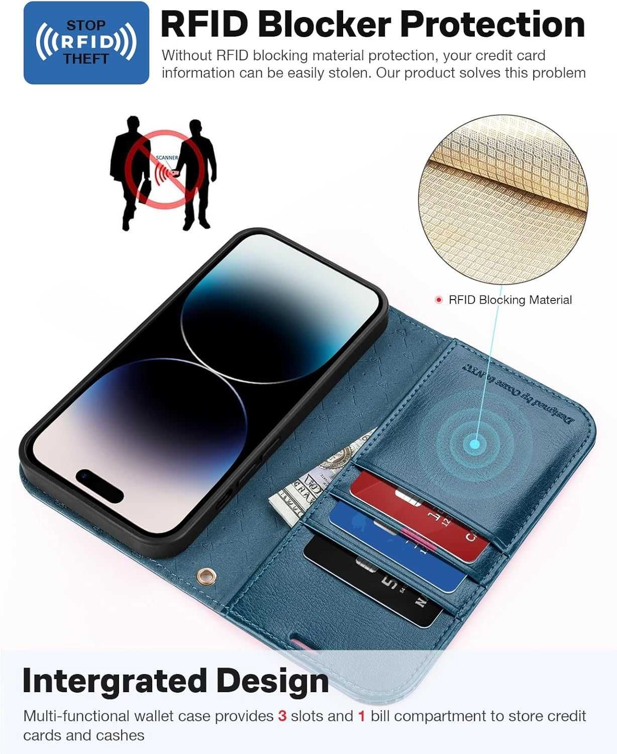 Ocase etui skórzane iPhone 15 Pro stojak magsafe portfel niebieskie