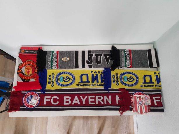 11 cachecóis + galhardete NOVOS. United, Bayern, Dínamo Kiev, Juve
