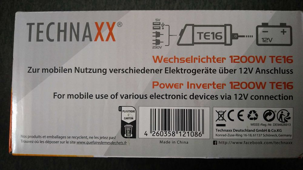 Інвертор/перетворювач напруги TECHNAXX TE16 1200W/2400w (Німеччина)