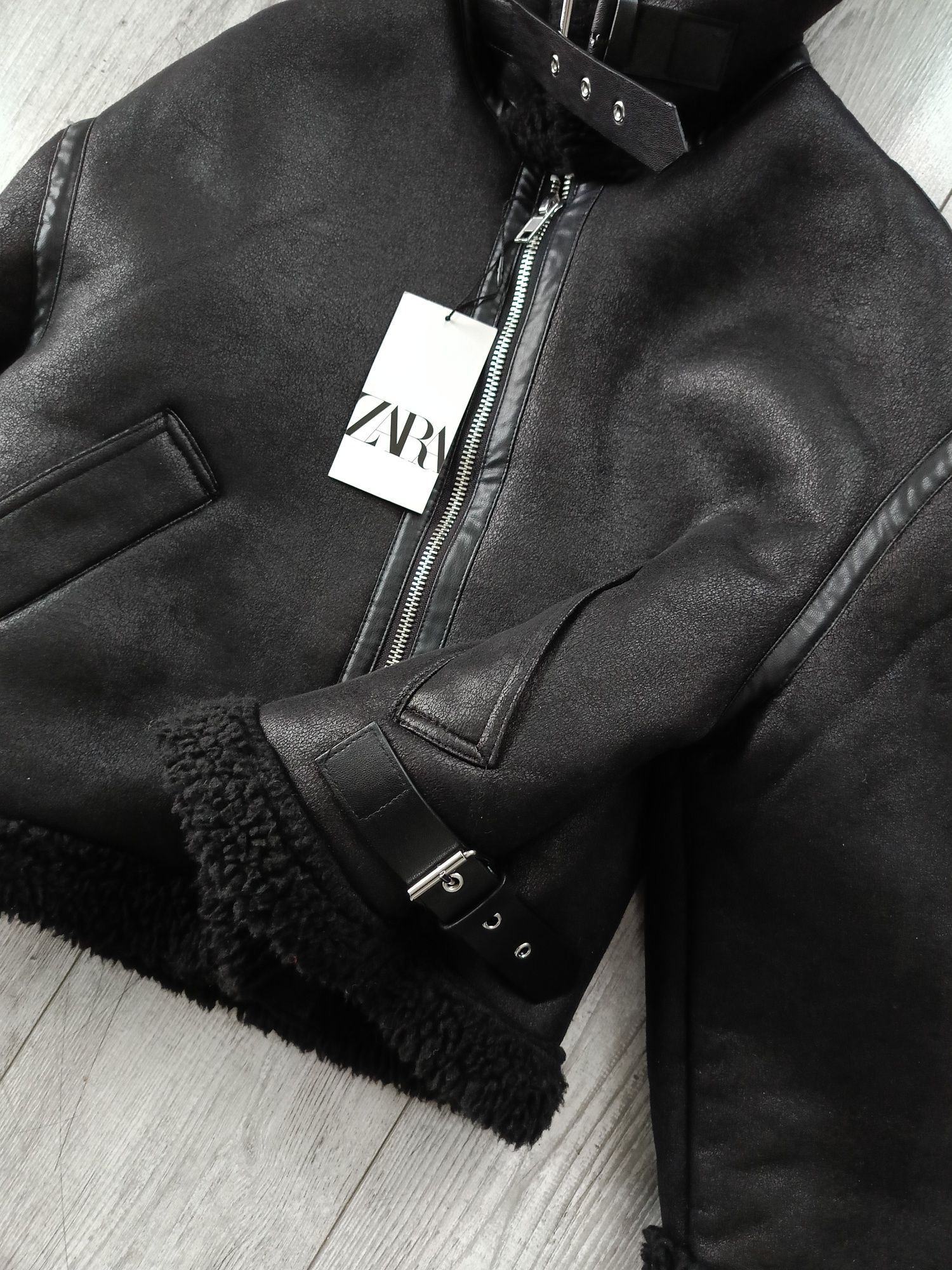 Czarny kożuszek Zara ramoneska ocieplana kożuch baranek S 36 oversize