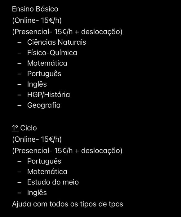 Explicações Ensino Basico e Primeiro Ciclo