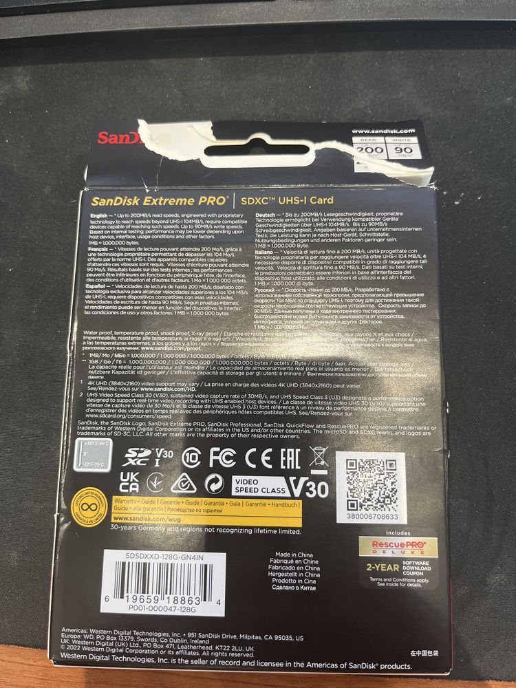 Cartão de memória SD 128GB sandisk extreme pro