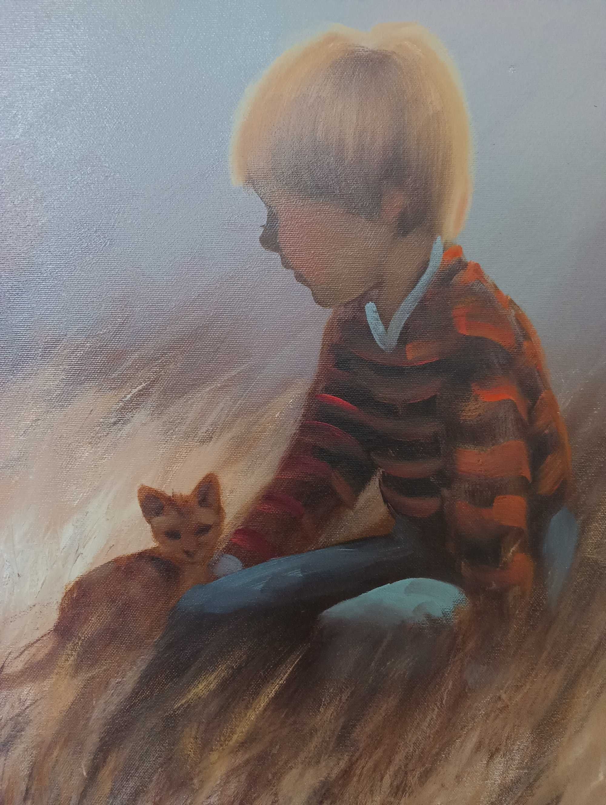 Obraz olejny w złotej ramie Folke Larsson Szwecja Chłopiec z kotem