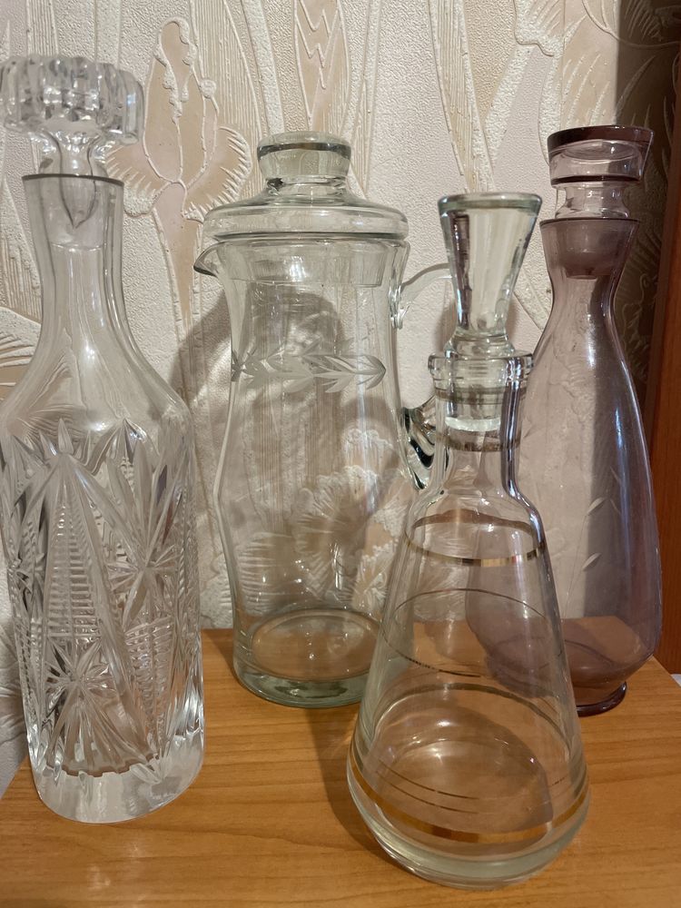 Посуда времен СССР прозрачное и цветное стекло графин фужеры бокалы
