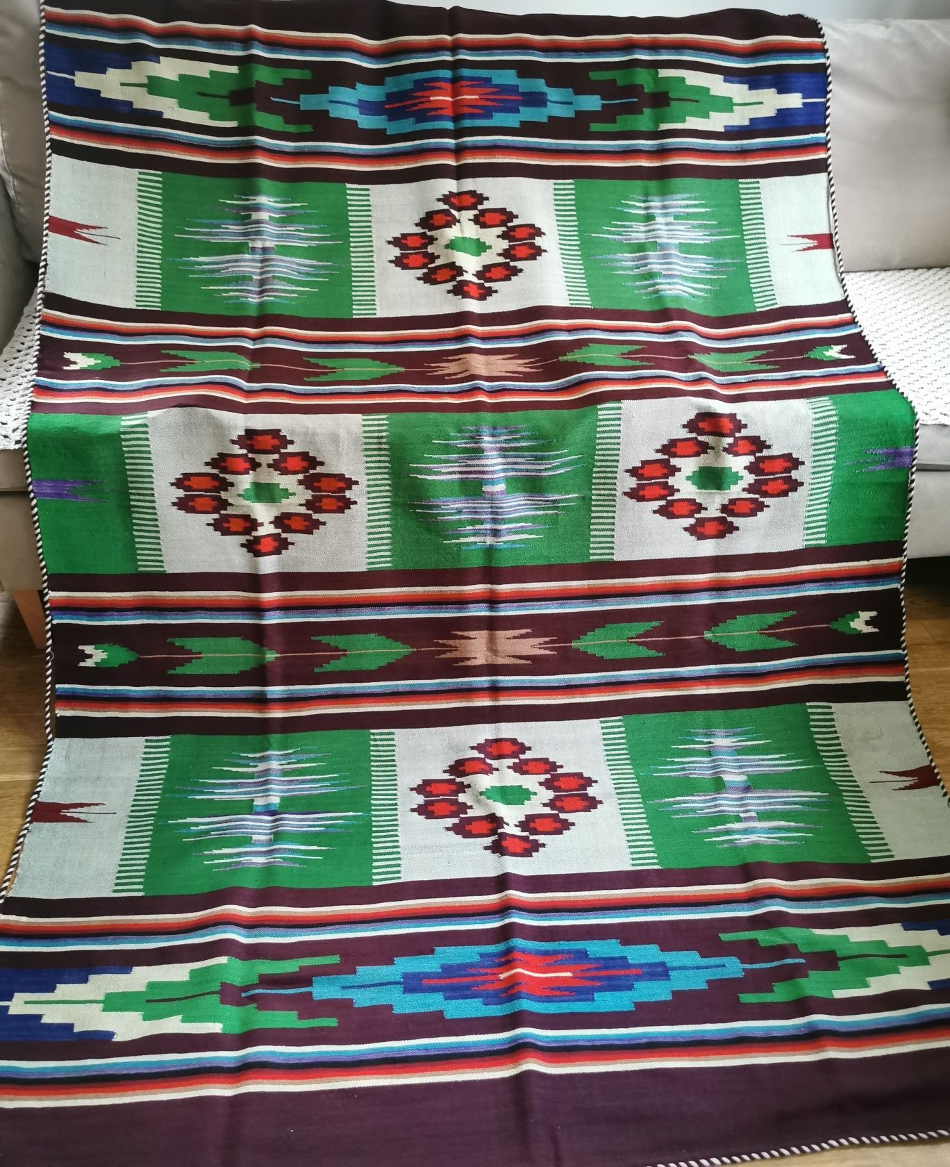 Wełniany kilim ART DECO stara ręczna robota  142 x 216 cm