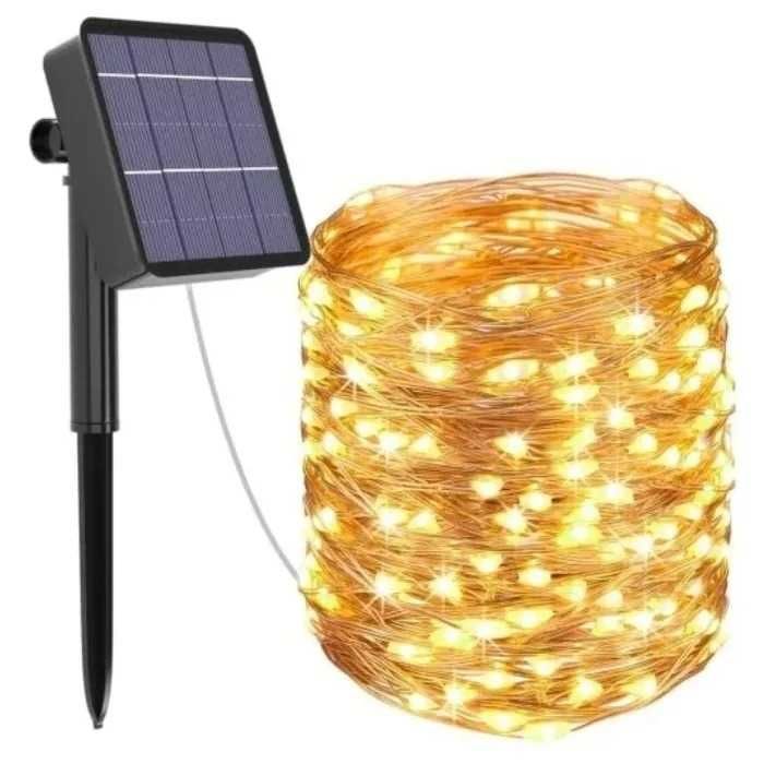 LAMPKI solarne ogrodowe choinkowe drucik 100 LED 10 m ciepły biały
