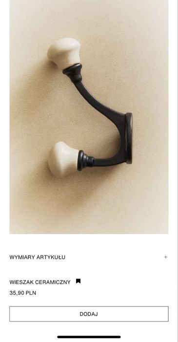 NOWY Zara Home wieszak ceramiczny metalowy kremowy uchwyt